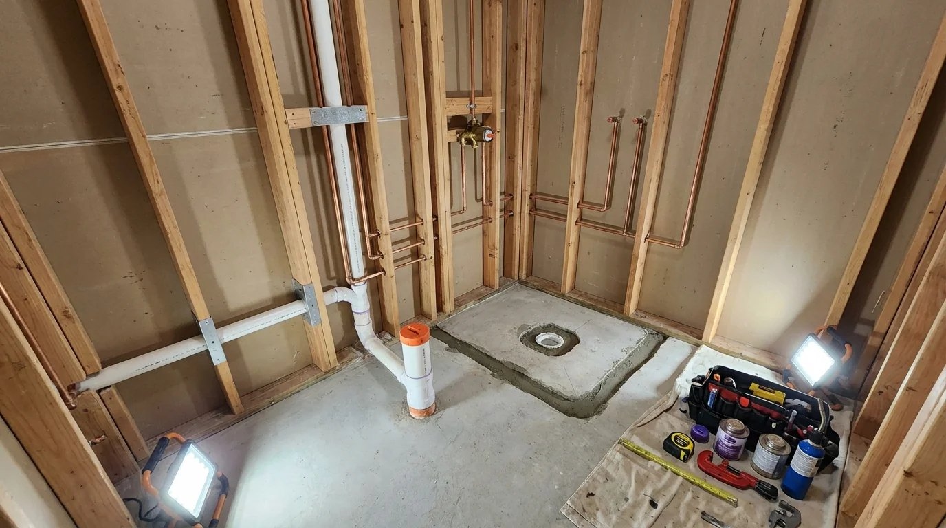 Bathroom rough-in plumbing during remodel by Johns Plumbing LLC in Rhome