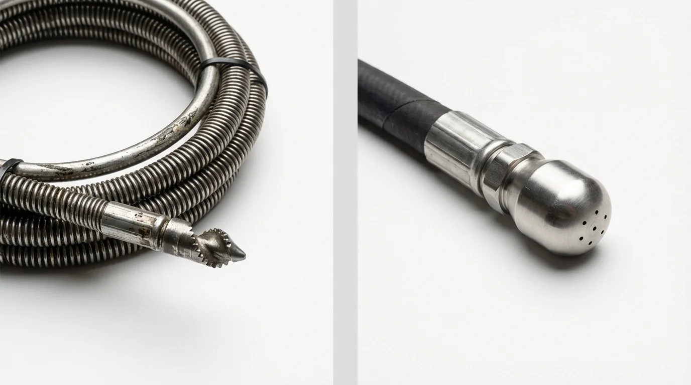 Drain snake cable and hydro jetting nozzle used for drain cleaning in Rhome, TX
