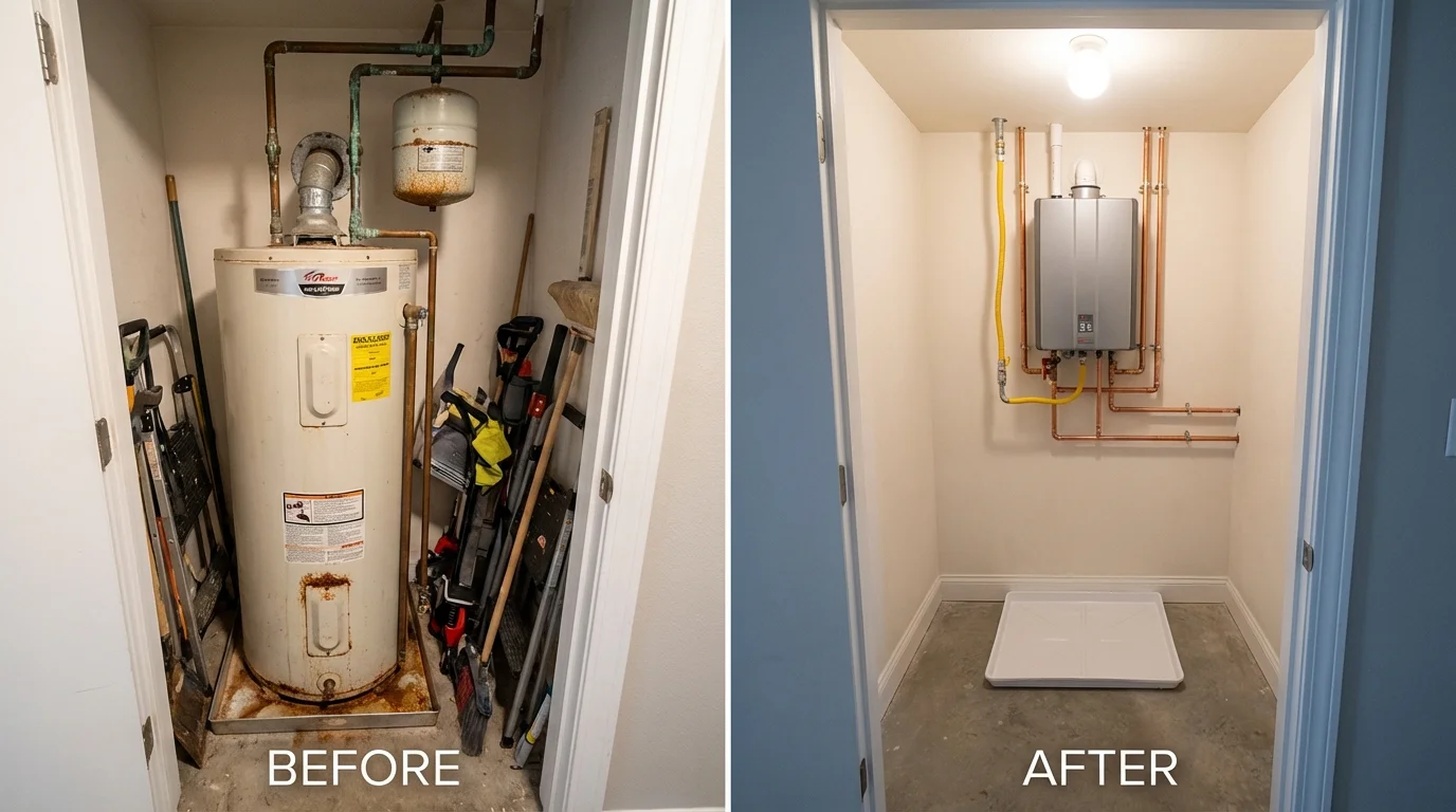 Tank water heater versus wall-mounted tankless unit comparison for Rhome, TX homeowners