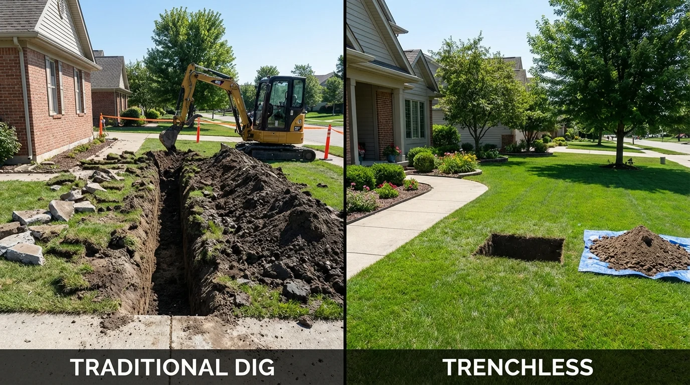 Trenchless sewer repair with minimal yard damage versus traditional excavation in Rhome, TX